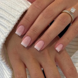 French Tip Nails - 24pcs Short Square False Nails - Pink Gradient French Tip Nude Press on Nails - Glossy Removable Fake Nails with Glue - Acrylic Full Cover Stick on Nail for Women and Girls