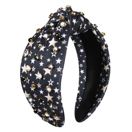 Happy New Year Headband Crystal Knotted Headband for Women Rhinestone Jeweled Embellished New Year’s Eve Top Knot Hairband (New Year Star Print2312)