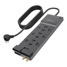 Belkin BE112234-10 Protector contra sobretensiones de 12 salidas de Teléfono / Ethernet / protección coaxial, cable 3.04 metros, Gris