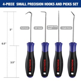 WORKPRO 4-Piece Precision Pick and Hook Set with Pouch, Angled Pick, Straight Pick, 90-degree Pick, Full Hook, Mini Pick Set Mechanic, Remove Small Fuses, Wire Plugs and "O" Rings, Gunsmith Tools