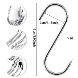 Pack of 20 Butcher Hooks, 15 cm S Hooks, Stainless Steel Kitchen Hooks, Meat Hooks, Fish Hooks with Pointed End, Robust and Durable Butcher Hooks for Meat Smoking, Meat Processing, BBQ