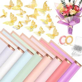 Ctosree 242 Pcs Flower Money Bouquet Accessories 80 Sheets Flower Wrapping Paper Gold Edge with Bouquet Pins Butterfly Satin Ribbon for Women Anniversary Flower Gifts Florist Supplies DIY Crafts