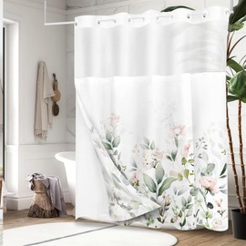 Tititex No Hooks Snap in Liner Blush Pink Floral Shower Curtain Sets, Hotel Luxury Double Layers Waterproof Fabric & See-Through Top Window Bathroom Decorative 72x72 Inch