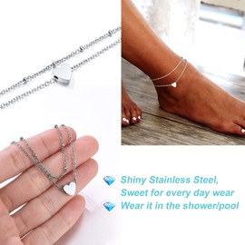 Tobillera Doble para Mujer de Acero Inoxidable, Cadena de Plata con Corazón, Ajustable 21+5 cm, Pulsera para Tobillo, Accesorio de Playa y Verano, Regalos para damas, esposas y novias