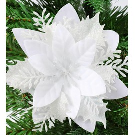 12 Pcs Poinsettia Flowers Artificial Christmas Decorations,Artificial White Poinsettia Flowers for Christmas Tree,Fake Glitter Poinsettia 5.5" with Stems Clips for Outdoor Home Decor(White)