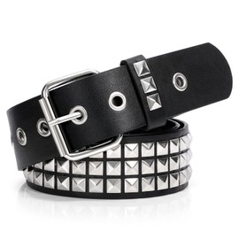 Punk Rivet Studded Belt Goth Row Pyramid Square Bead PU Leather Vintage Punk Rock Grommet Belt for Jeans Pants,Black,S:Fit Waist Size 30-35 Inches