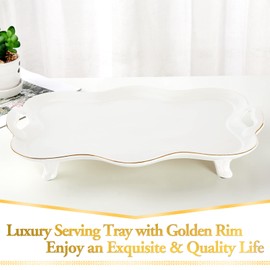 DUJUST Porcelain Serving Tray with Handles, Luxury British Style Coffee Table Tray with Golden Rim, Beautiful Tea Tray Decor for Living Room, Easy to Use & Clean