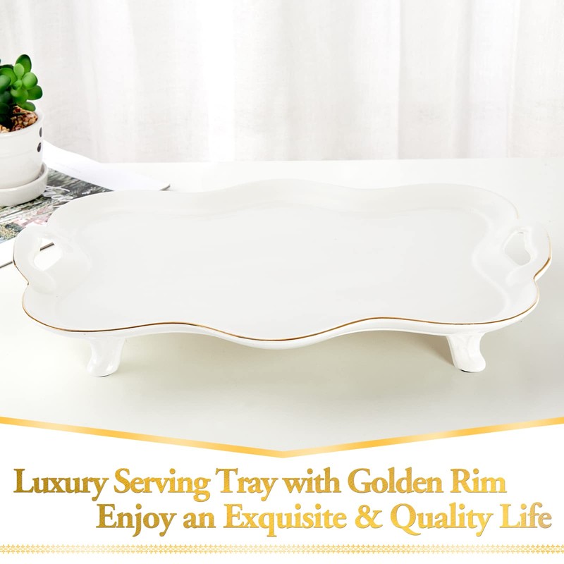 DUJUST Porcelain Serving Tray with Handles, Luxury British Style Coffee