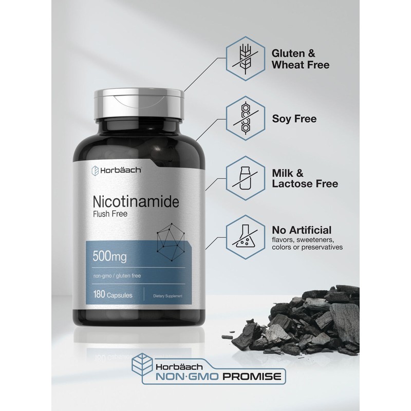 Horbäach Nicotinamide 500mg | 180 Capsules | Non-GMO, Gluten Free