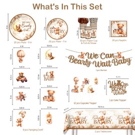 Yingoto 144Pcs We Can Bearly Wait Baby Shower Decorations Tableware Kit, Teddy Bear Baby Shower Decor, Bear BabyShower Decorations Boy Girls, For We Can Barely Wait Theme Party