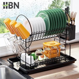 HBN Dish Drying Rack - 2 Tier Dish Racks for Kitchen Counter with Drainboard
