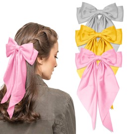 Large Hair Bows for Women 3Pcs Satin Hair Ribbon Bow Hair Clips with Long Tails Vintage Hair Accessories(Pink,Gold Yellow,Gray)