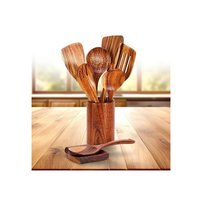 Kitchen 9 Piece Natural Teak Wooden Kitchen Utensil Set with
