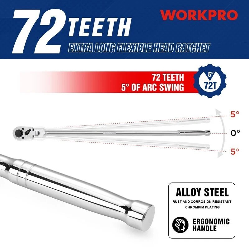 WORKPRO 1/2 inch Drive Extra Long Flex Head Ratchet 72-Tooth