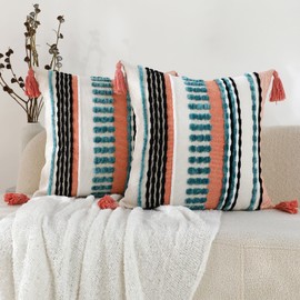 Labilin Boho Cushion Covers 18x18 Set of 2 Farmhouse Decorative Square Pillows Cover Geometric Chenille Cushion Cover With Tassels Splice Pillowcase for Sofa Couch Bed, Blue Pink and Beige