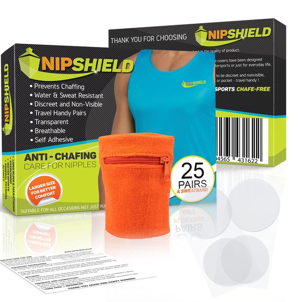 NIPSHIELD Nipple Covers for Running 25-Pack - Anti Chafing Nip Guards for Jogging - Larger 35mm Running Nipple Shields - Sweat, Water- Resistant Nipple Pads - Disposable Travel Friendly Nip Protectors