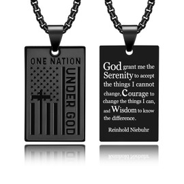 Dog Tag Cross Necklace for Men, USA American Flag Stainless Steel Pendant 24inch Box Chain Serenity Prayer Black Motto Necklaces Teen Boys Bible Verse Christian Religious Jewelry