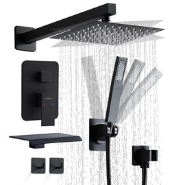 Hamckay 10 inch Matte Black Shower System with Tub Spout, Shower Faucet Set with Rain Shower Head and Handheld 3-Setting, Waterfall Bathtub Spout Rainfall Shower Combo Set for Bathroom Wall Mounted