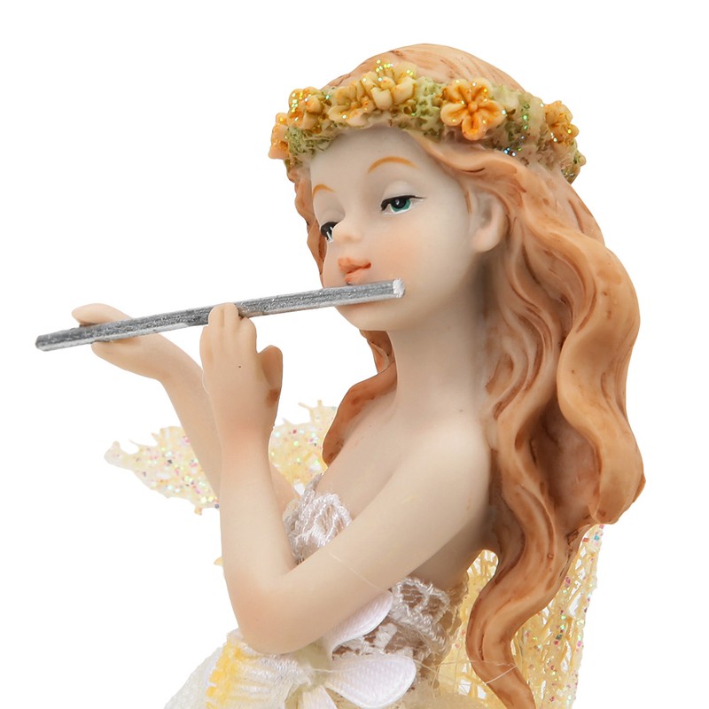 Flower Fairy Playing Flute Figurine Elegant Angel Statue Resin Desk