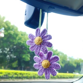 Crochet Flower Rear View Mirror Accessories, Chrysanthemum Car Mirror Hanging Accessories, Cute Car Accessories for Women Interior Car Hanging Ornament Car Decor/Bag Charms (Purple)