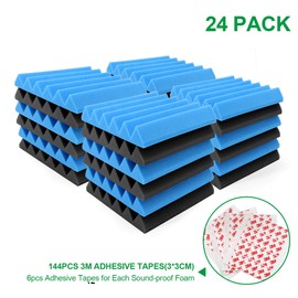 24 Pack 2"x12"x12" Soundproofing Acoustic Foam Fireproof Studio Sound Absorption Pyramid Treatment High Density Wall Padding Foam Wedge Tiles Sound Blocking/Absorbing/Noise Dampening Foam (Black&blue)