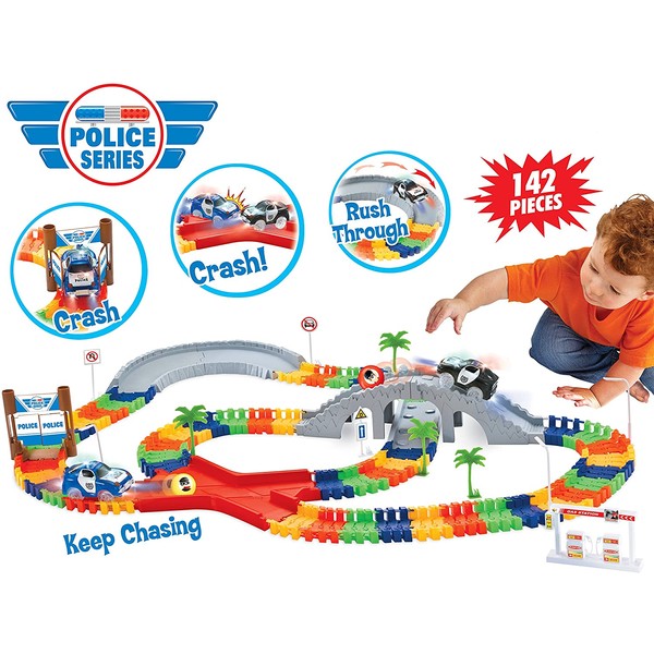 Liberty Imports 142 Pieces Create a Road Super Snap Speedway - Magic Journey Flexible Track Set - Ideal Gift Toy for Toddlers, Kids, Boys, and Girls (Police Chase)
