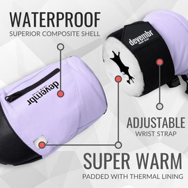 devembr Ski Mittens with Wrist Guards, Warm Snowboard Mittens, Waterproof, Purple, S