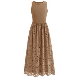 dowerme Women Summer Dresses 2025 Casual Sleeveless Crewneck A-Line Boho Lace Eyelet Cotton Tank Maxi Dress with Pockets(Khaki,Small)