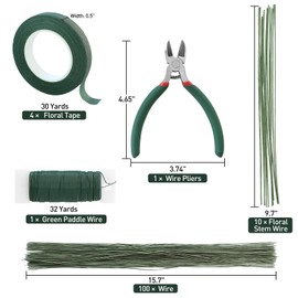 Floroom Floral Tape and Wire Kit with Cutter, 26 & 18 Gauge Stem Wire, 22 Gauge Paddle Wire, Flower Arrangement Tool Set for DIY Crafts, Wedding Bouquets, Florist Making & Supplies, Green