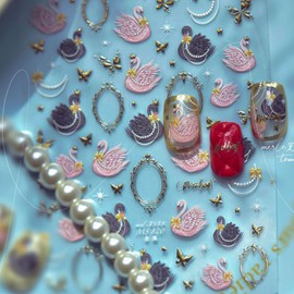 Swan Nail Art Sticker Decals Black Pink Nails Decals with Golden Border Design Small Gold Butterfly Nails Stickers for Women Girls 5D Embossed Self Adhesive Manicure Charms DIY Decoration