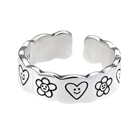 YIQPKUM Adorable Heart Flower Rings for Women Zinc Alloy Jewellery Adjustable Open Band Stackable Charms Statement Handmade Gifts (Silver Plated)