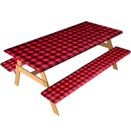 BBTO 3 Pieces Vinyl Picnic Table and Bench Fitted Tablecloth Cover 72" x 30" Waterproof Elastic Table Cover Flannel Backed Table Cloth Rectangular Fitted Cover for Table (Plaid Pattern)