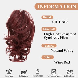 CJL HAIR Claw Clip Short Ponytail Hair Extensions Bendable Metals Messy Bun Hair piece Wavy Curly Fake Hairpieces (Burgundy, Wavy)