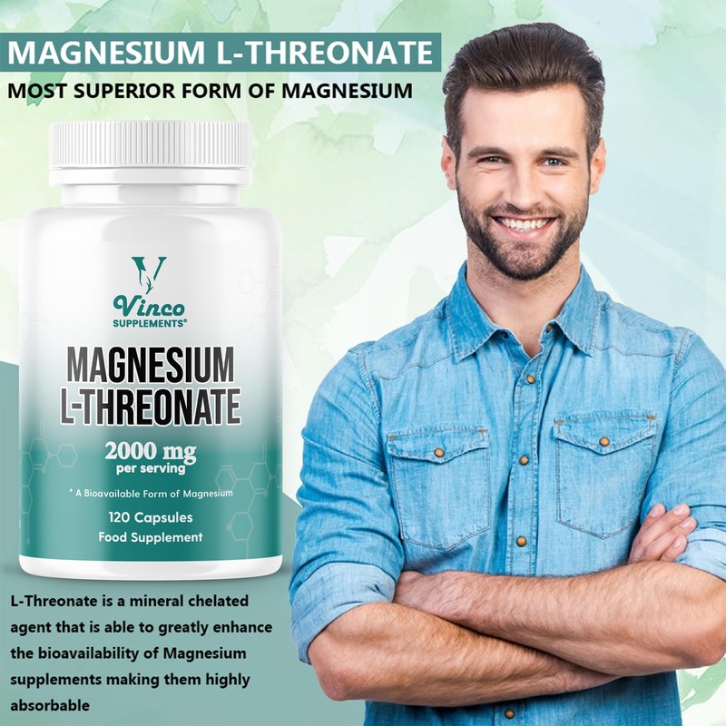 Vinco Magnesium L-Threonate Supplement - 120 High Strength Magnesium L