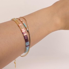 Sonateomber Tila Flat Beaded Stretch Strand Bracelets for Women Trendy Boho Friendship Light Blue Purple Square Beads Stackable Elastic Beach Surfer Bracelet Fashion Jewelry Friend Gifts