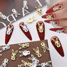 20Pcs Easter Nail Charms 3D Silver Rabbit Nail Art Charms Cute Nail Gems Cute Gold Rabbit Charms for Nails Charms Luxury Alloy Crystal Rhinestones for Acrylic Nails Supplies DIY Nail Art Decoration