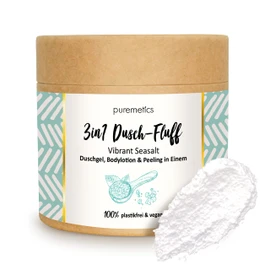 Puremetics 3-in-1 Shower Fluff (250 g), Shower Gel, Peeling and Lotion in One, Vegan & Plastic Free, Nourishing, Skin-Refining & Smoothing, without Microplastic, Sugar Sea Salt Peeling, Zero Waste