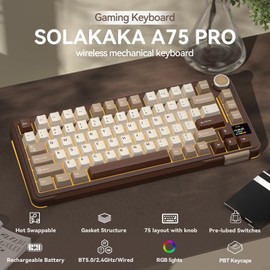 SOLAKAKA A75 PRO 75% Wireless Mechanical Keyboard with Screen and Knob, Tri-Mode Hot Swappable Gaming Keyboard, RGB Backlit Gasket Creamy Pre-lubed PBT Computer Keyboard for PC/Mac/Win,Brown
