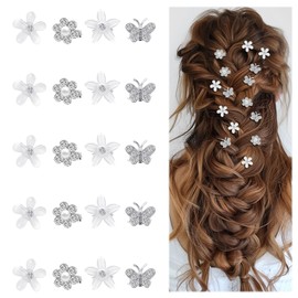 Nogeqi 20PCS Mini Flower Hair Clips Small Rhinestone Hair Clips Silver Butterfly Hair Clip Cute White Hair Accessories for Women Girls Bridal Wedding Party Decoration