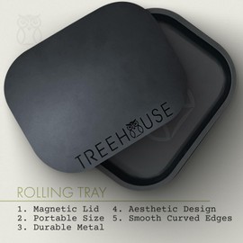Black Treehouse Rolling Tray Set with PVC Soft Magnetic Lid, Ashtray Included for Home Storage or Travel - 7" x 5.5", Small, Cute