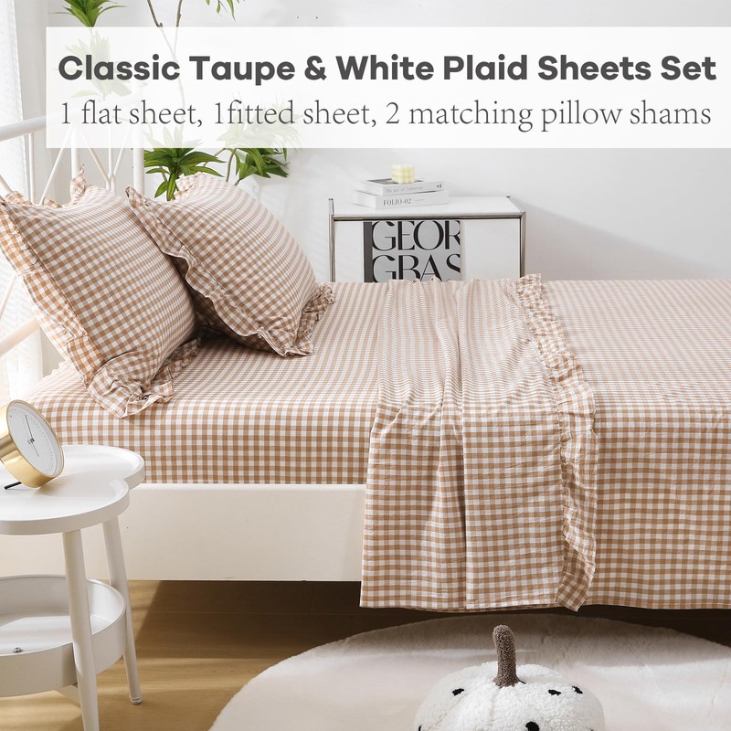 K MASANIJI Taupe White Plaid Ruffle Sheets Twin Size 4-Piece