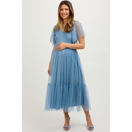 PinkBlush Blue Dotted Tulle Smocked Maternity Midi Dress