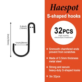 S Hooks for Hanging 32PCS, Hanging Hooks, Hanging Pot Rack, Pot Hooks, Metal Hooks, Hooks for Hanging Plants, S Shaped Hooks for Kitchenware Pots Utensils Clothes Bags Towels Plants,Black Hooks 3.2in