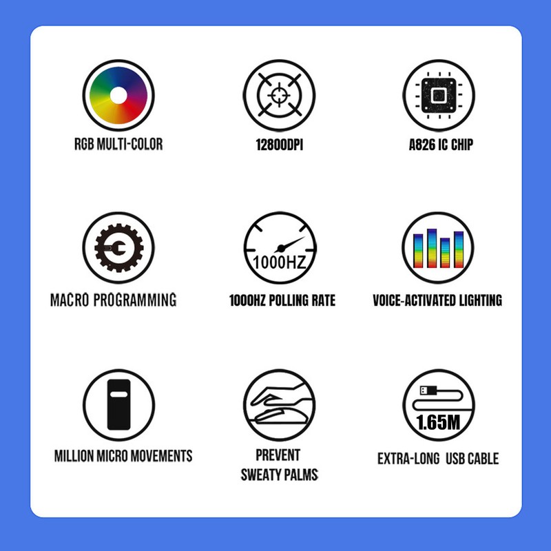 Wired Gaming Mouse 10 Button Macro Programmable 13 RGB Lighting