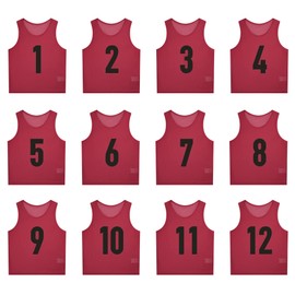 SHIJIXING 12 Pack（1-12） Numbered Pinnies/Scrimmage Vest/Team Practice Jerseys for Basketball, Soccer, Football (S, 1-12 Red)