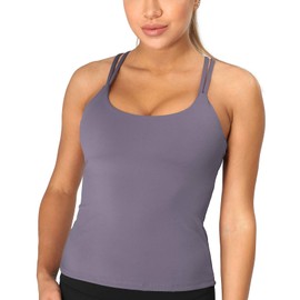 icyzone Women's Sports Top with Integrated Bra - Longline Padded Yoga Bra Without Underwire, 2 in 1 Gym Fitness Tank Top, purple