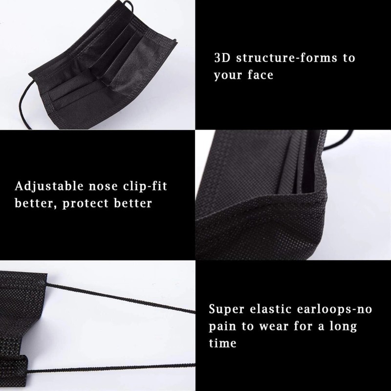 Altatac 50 PCS Disposable Face Masks Black 3 Ply Earloop