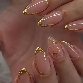 Almond Press on Nails Medium Fake Nails Gold False Nails with Stripes Design Glue on Nails for Women 24Pcs