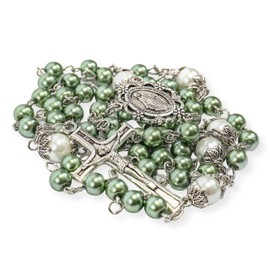 Nazareth Store 6mm Pearl-like Glass Rosaries with White Mystery Beads & Miraculous Medal | Includes Purple Velvet Bag - Stunning Prayer Beads for Spiritual Devotion (Green)