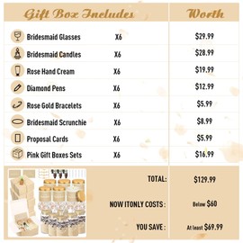 Teenyyou 60 Pcs Bridesmaid Proposal Gifts Bridesmaid Box Set, Maid of Honor Gifts Include Box Glass Cup Candle Cards Scrunchies Hair Knotted Bracelets Hand Cream Diamond Pens (Light Gold)